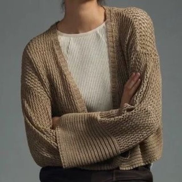 By Anthropologie Juliet Cropped Tan Crochet Open Front Long Sleeve Cardigan One - Picture 1 of 14